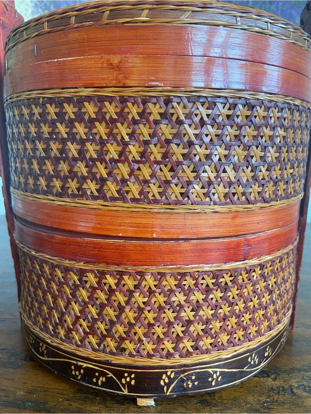 Handwoven Bamboo Stacking Basket with Handle - Red and Brown
